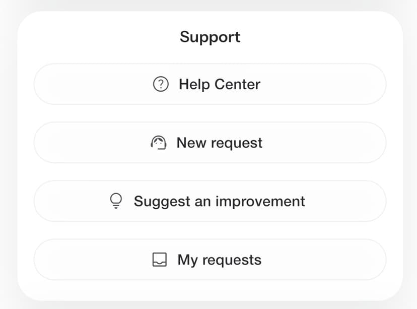 Picassa app Support menu with Help Center, New request, Suggest an improvement, and My requests